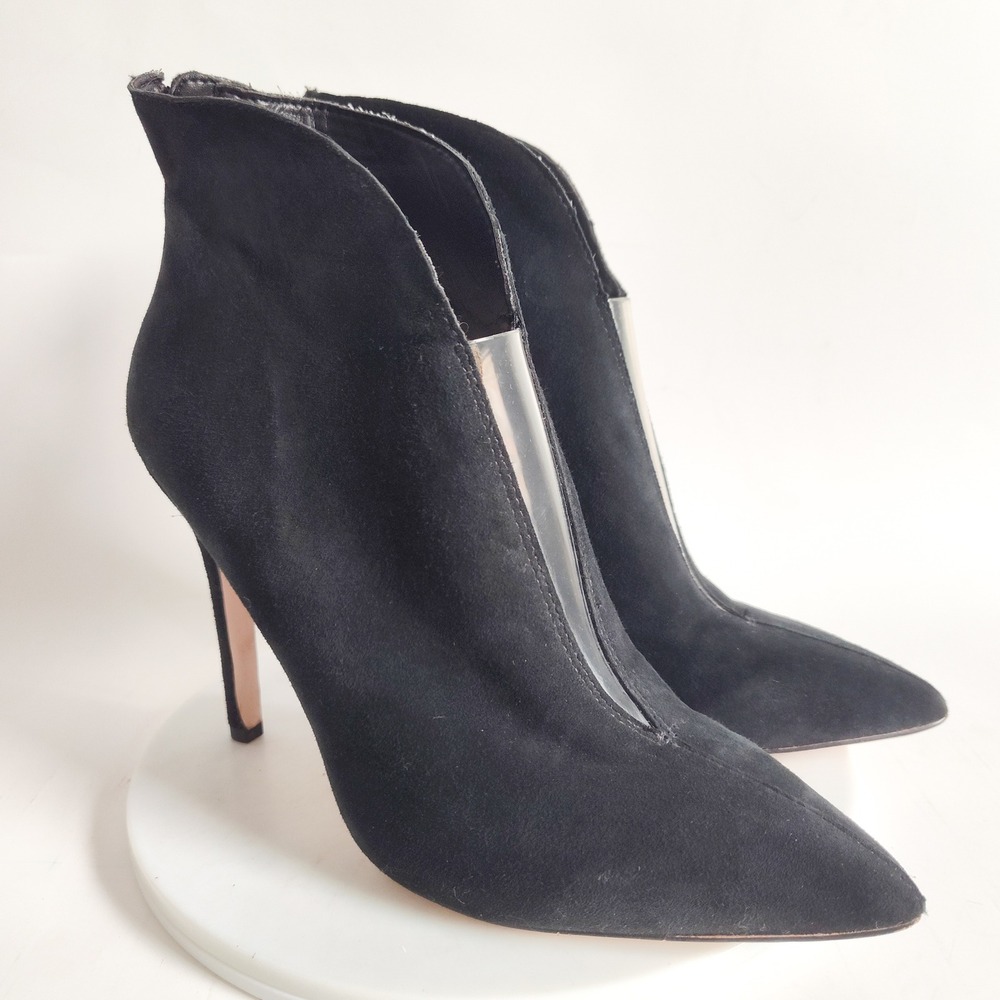 Jessica Simpson Ankle Boots 7‎ Black Suede PVC V-Cut Stiletto Heel Piercie Sexy
